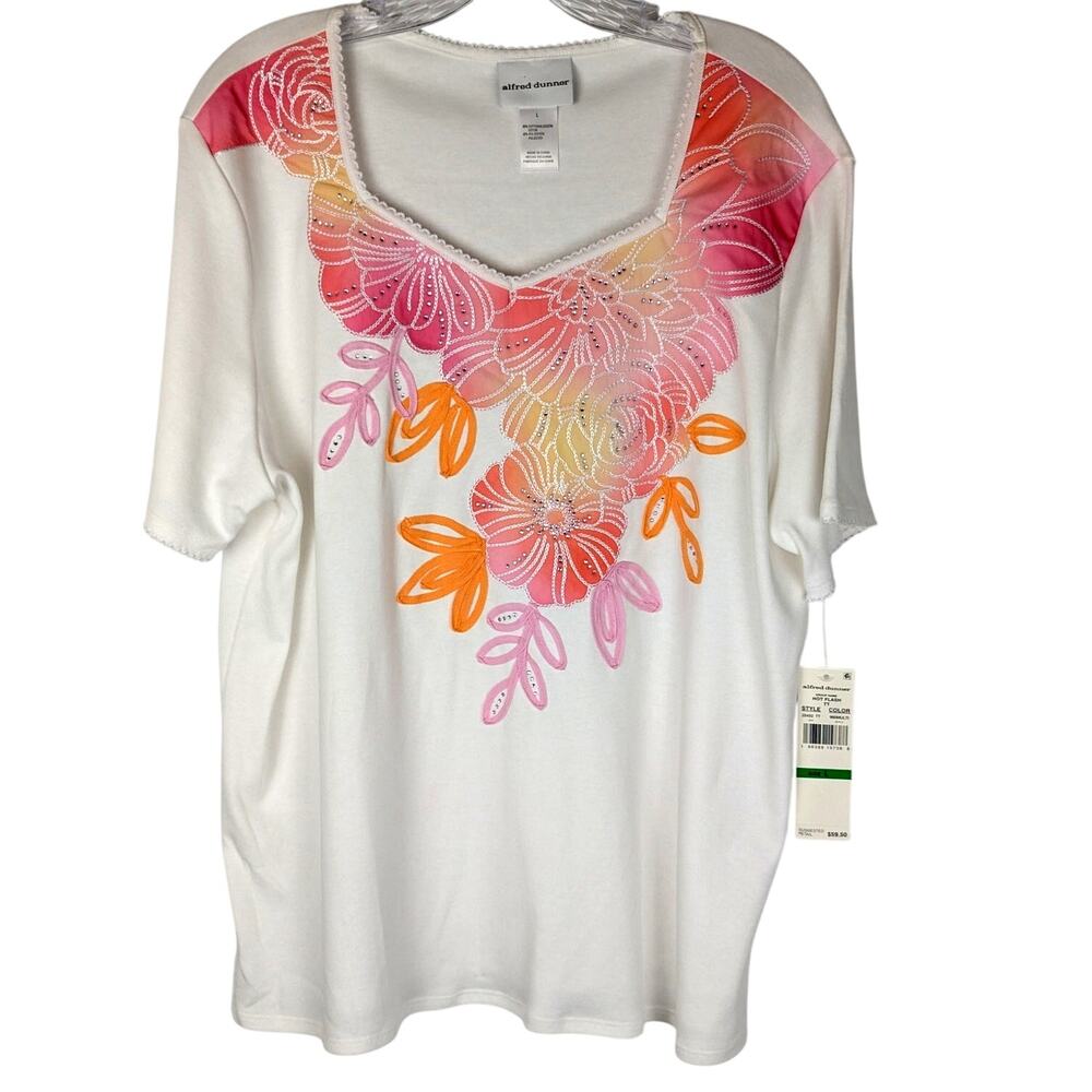 Alfred Dunner NWT White Floral Embroidered Rhinestone Short Sleeve Top L